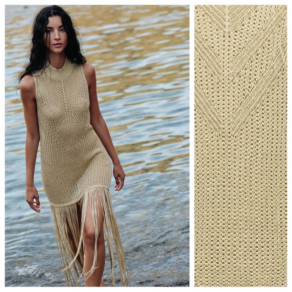 Zara Dresses & Skirts - Zara Beige Knit Fringe Dress